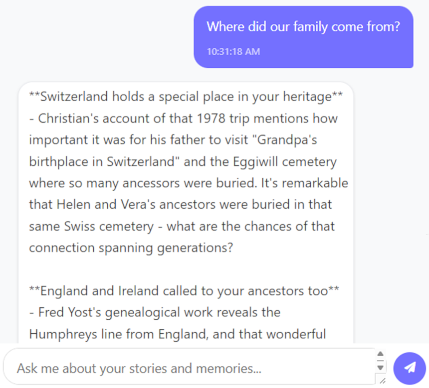 CWYT conversation showing family history response about Switzerland, England and Ireland ancestry
